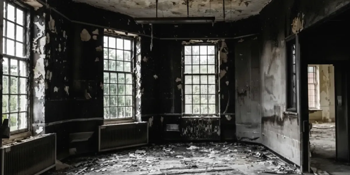 fire damage repair addressing severe interior damage and smoke residue inside a burned home in Charlotte, NC
